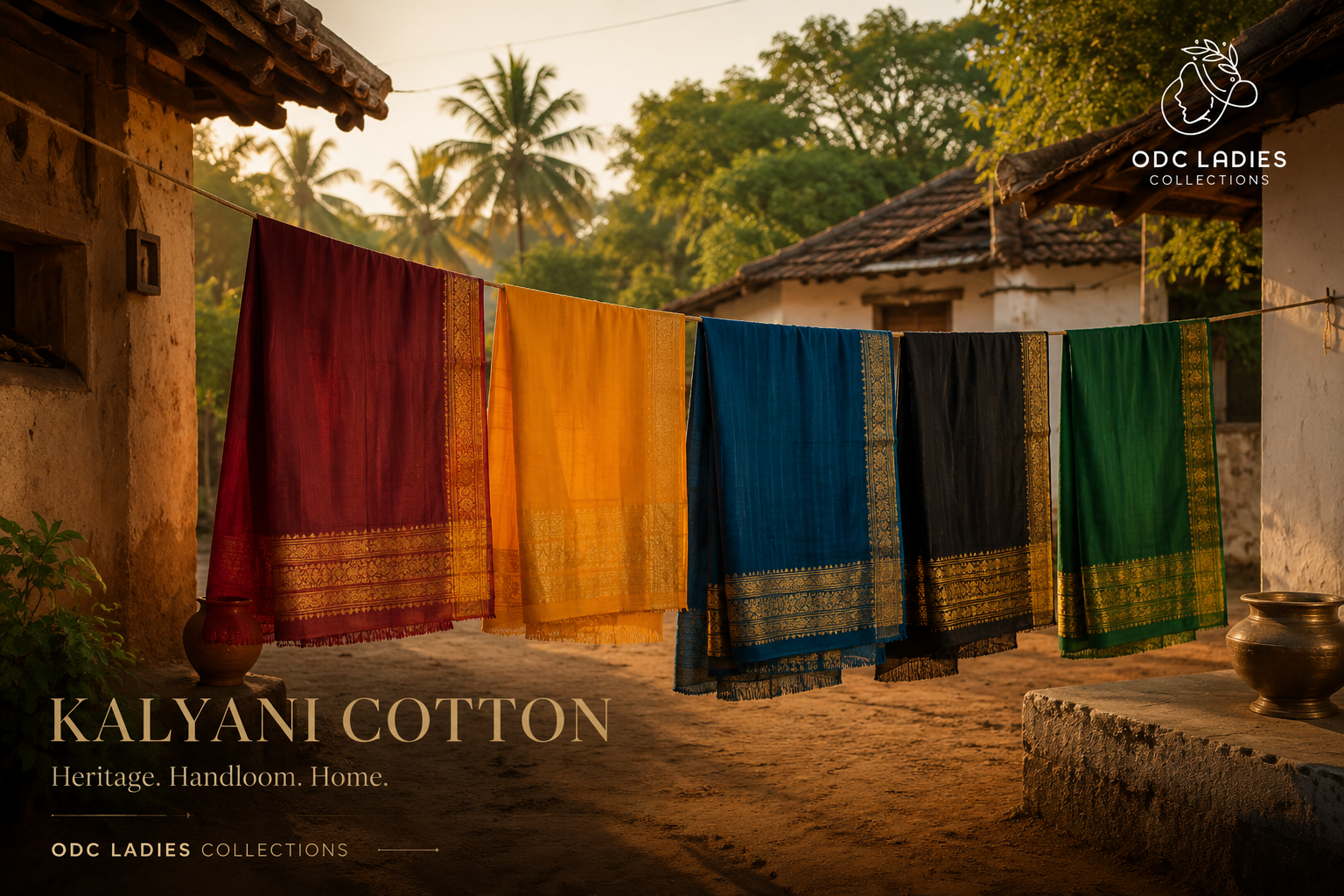 ODC Ladies Collections - Kalyani Cotton Sarees on Village Clothesline - Heritage Handloom Tamil Nadu