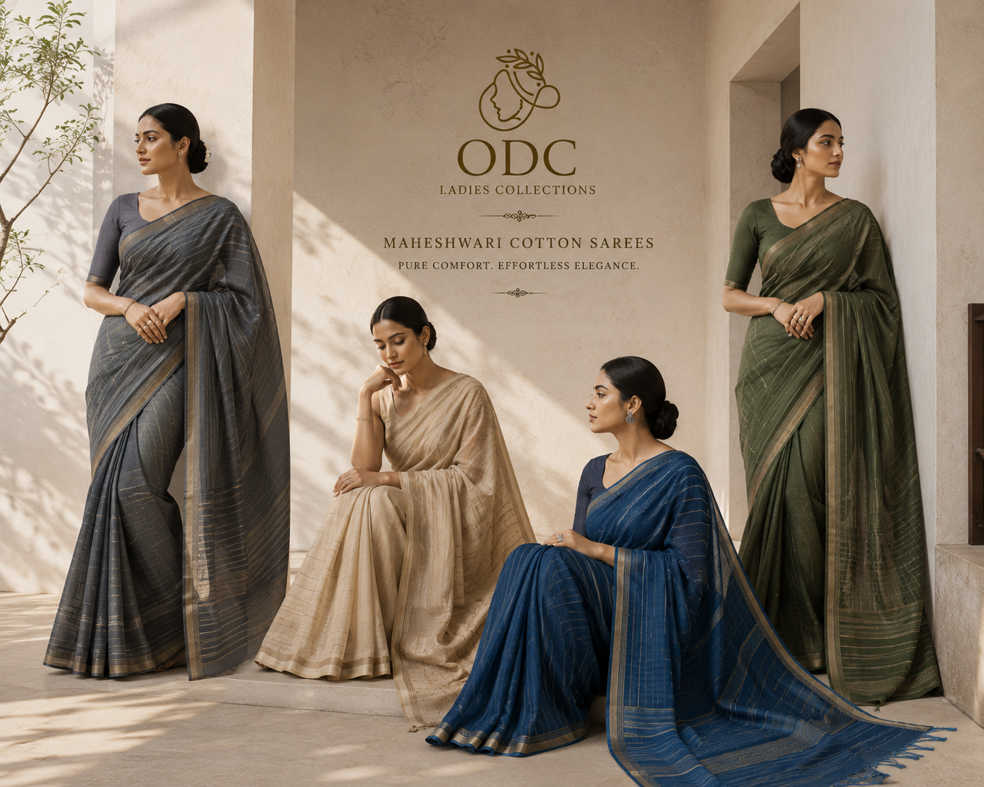 ODC Ladies Collections - Maheshwari Cotton Sarees Pure Comfort Effortless Elegance - Four Models in Grey, Cream, Navy Blue and Olive Sarees
